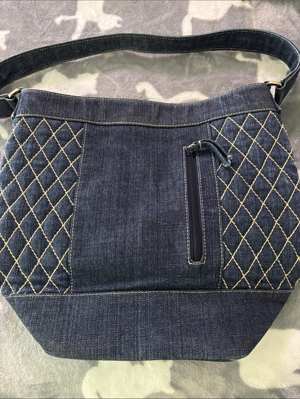 Vera Bradley Denim Quilted Shoulder Bag with Front Zip Pocket - Dark Blue